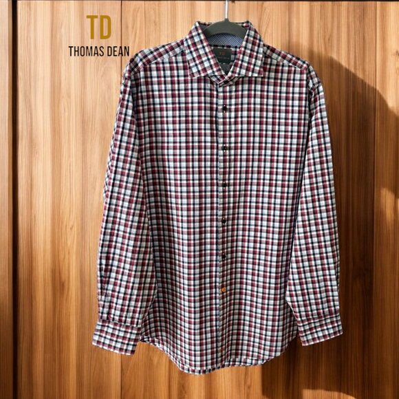 Thomas Dean Men's 100% Cotton Long Sleeve Casual Checkered Button Down Shirt - Picture 1 of 5
